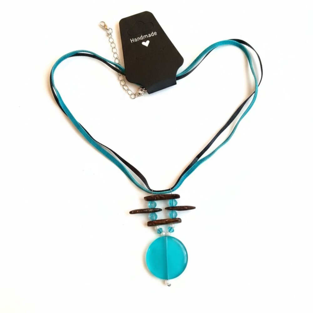 CREATION - Short Necklace - Aqua Turquoise pendant - black ribbons